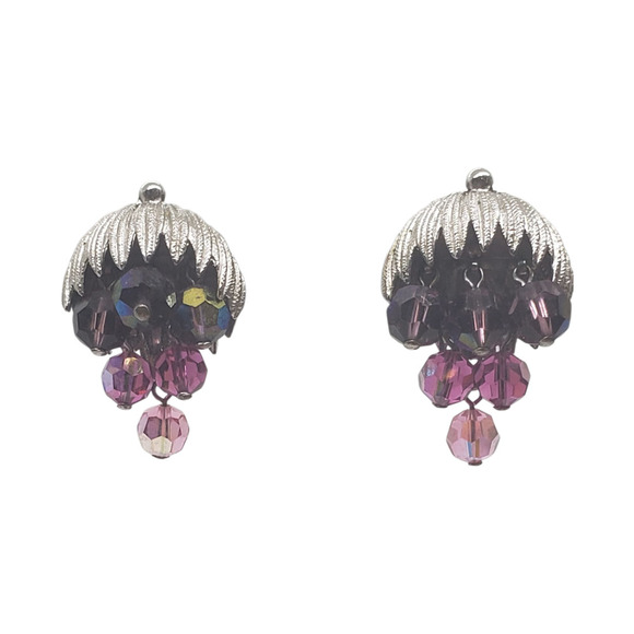 Vintage Earrings Purple Waterfall Clip On Schrager Aurora Borealis Bead Dangle - Picture 1 of 13